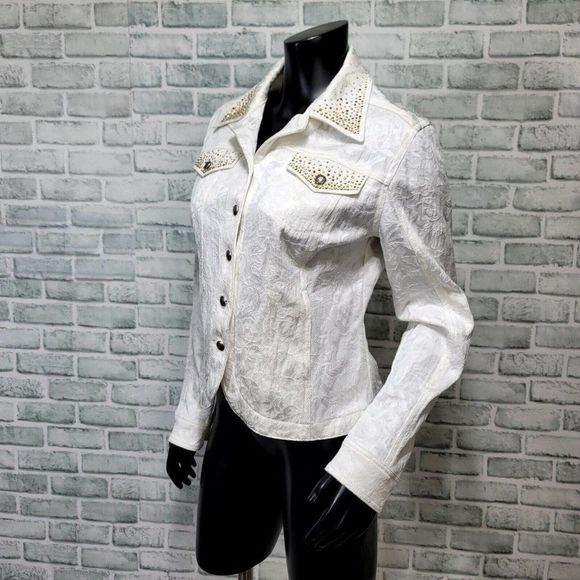 Vintage 90s Christine Alexander S White Filigree‎ Denim Studded Western Jacket - Picture 5 of 10